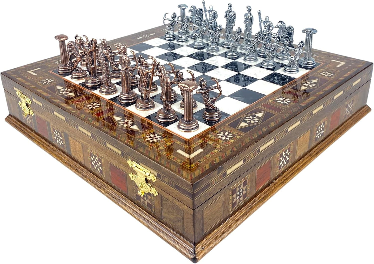Luxury Greek Mythology Themed Chess Set- 12 inch Handmade Mosaic Chessboard with Storage- Ancient Greek Gods Inspired
