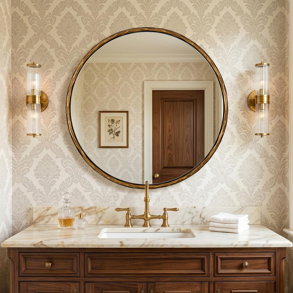 Hand-Forged Round Gold Mirrors, 32 Inch Antique Brass Hammered Round Bathroom Mirror for Over Sink, for Vanity