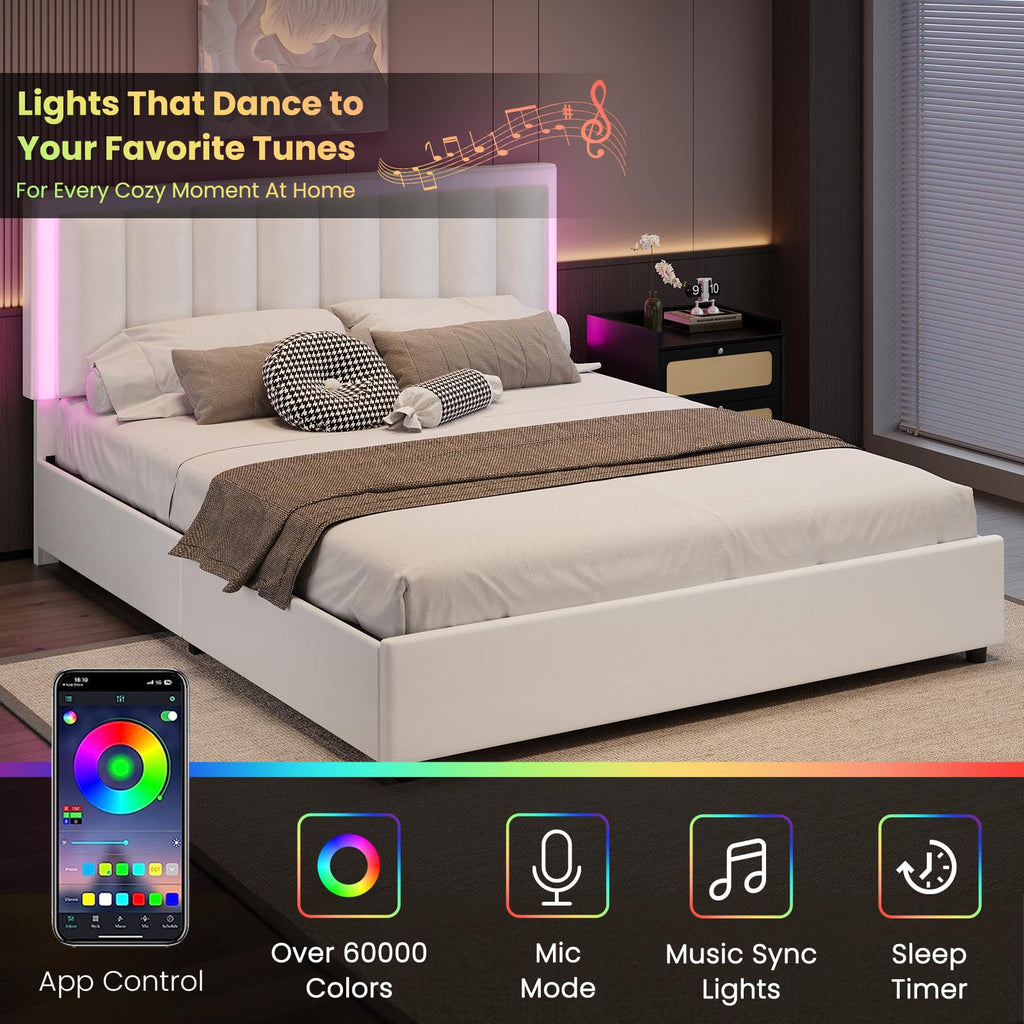 Full Size Bed Frame with Headboard and 4 Storage Drawers, Faux Leather Upholstered Platform Bed with LED Lights