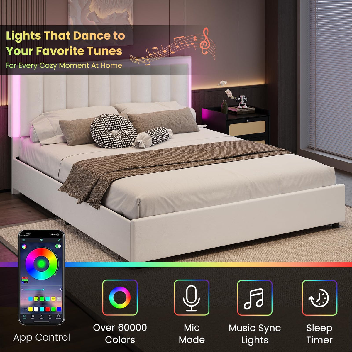 Full Size Bed Frame with Headboard and 4 Storage Drawers, Faux Leather Upholstered Platform Bed with LED Lights