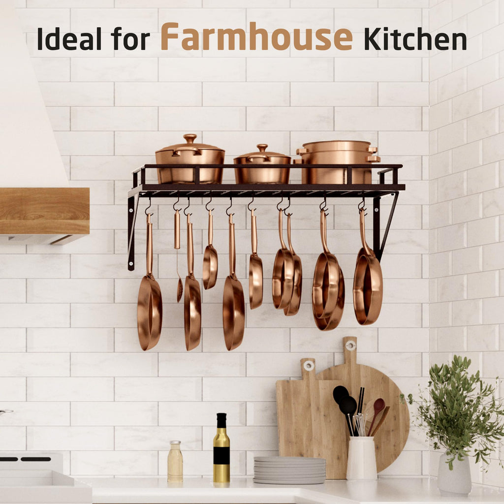 Wall Pot Rack, Oil Bronze, 88lb Capacity, 12 Hooks, Farmhouse