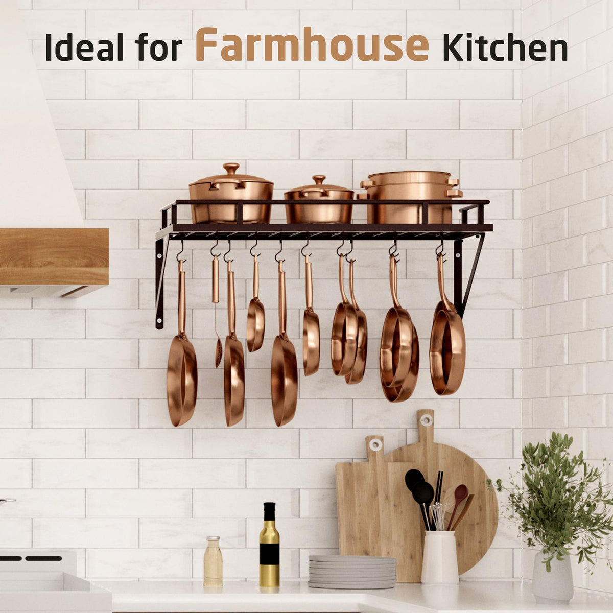 Wall Pot Rack, Oil Bronze, 88lb Capacity, 12 Hooks, Farmhouse