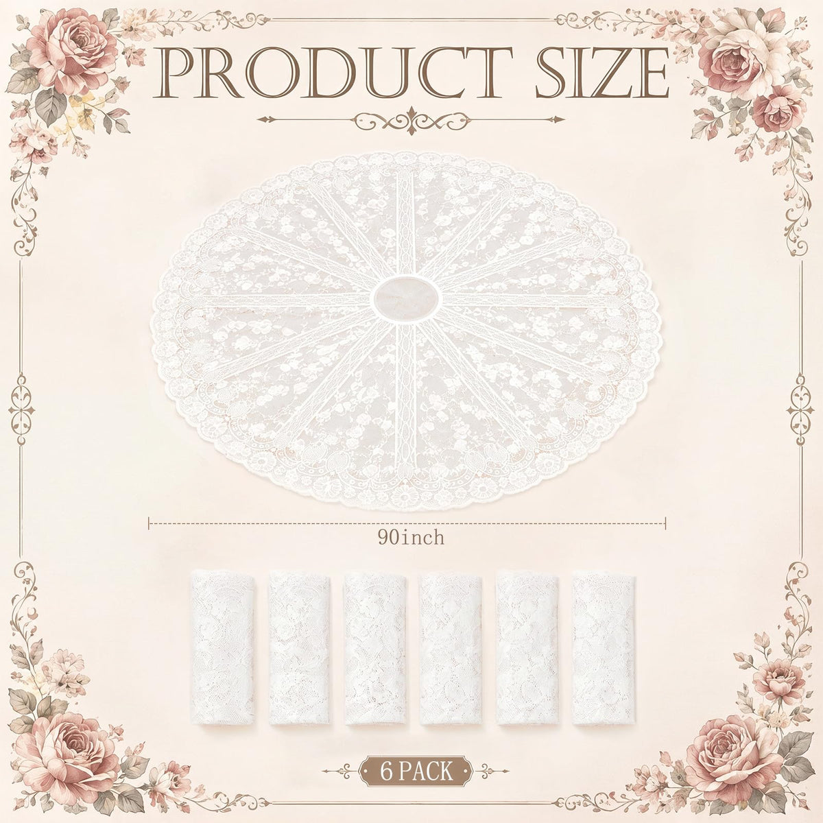 6 Pcs White 6 Pack Round Lace Tablecloth 90 Inch