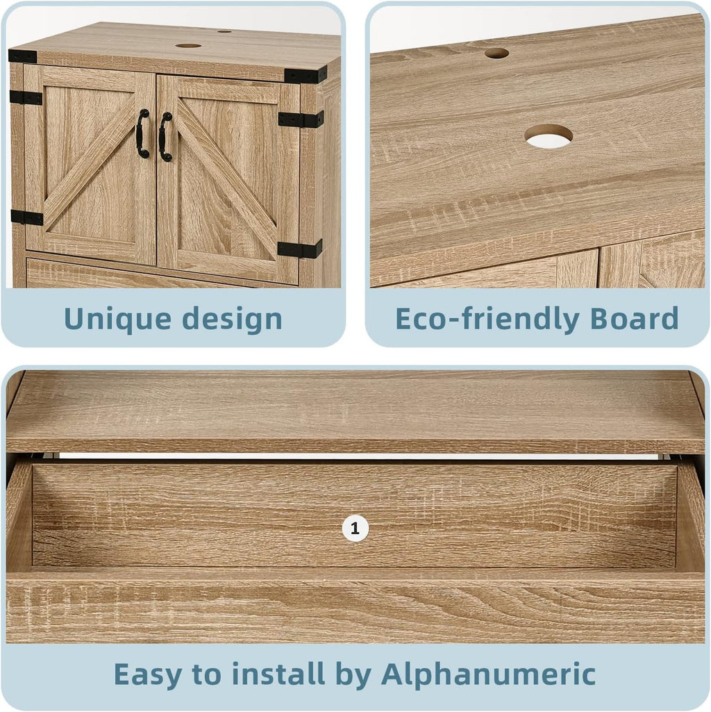 28 inch Natural Color Bathroom Vanity, Rustic Fixture Standing Pedestal Cabinet with Gold Boat Vessel Sink