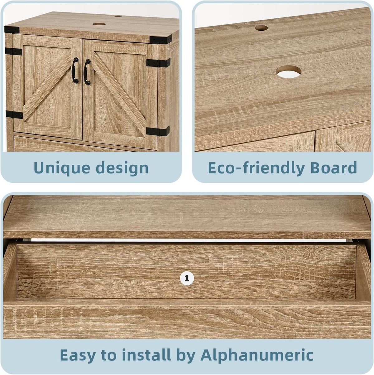 28 inch Natural Color Bathroom Vanity, Rustic Fixture Standing Pedestal Cabinet with Gold Boat Vessel Sink