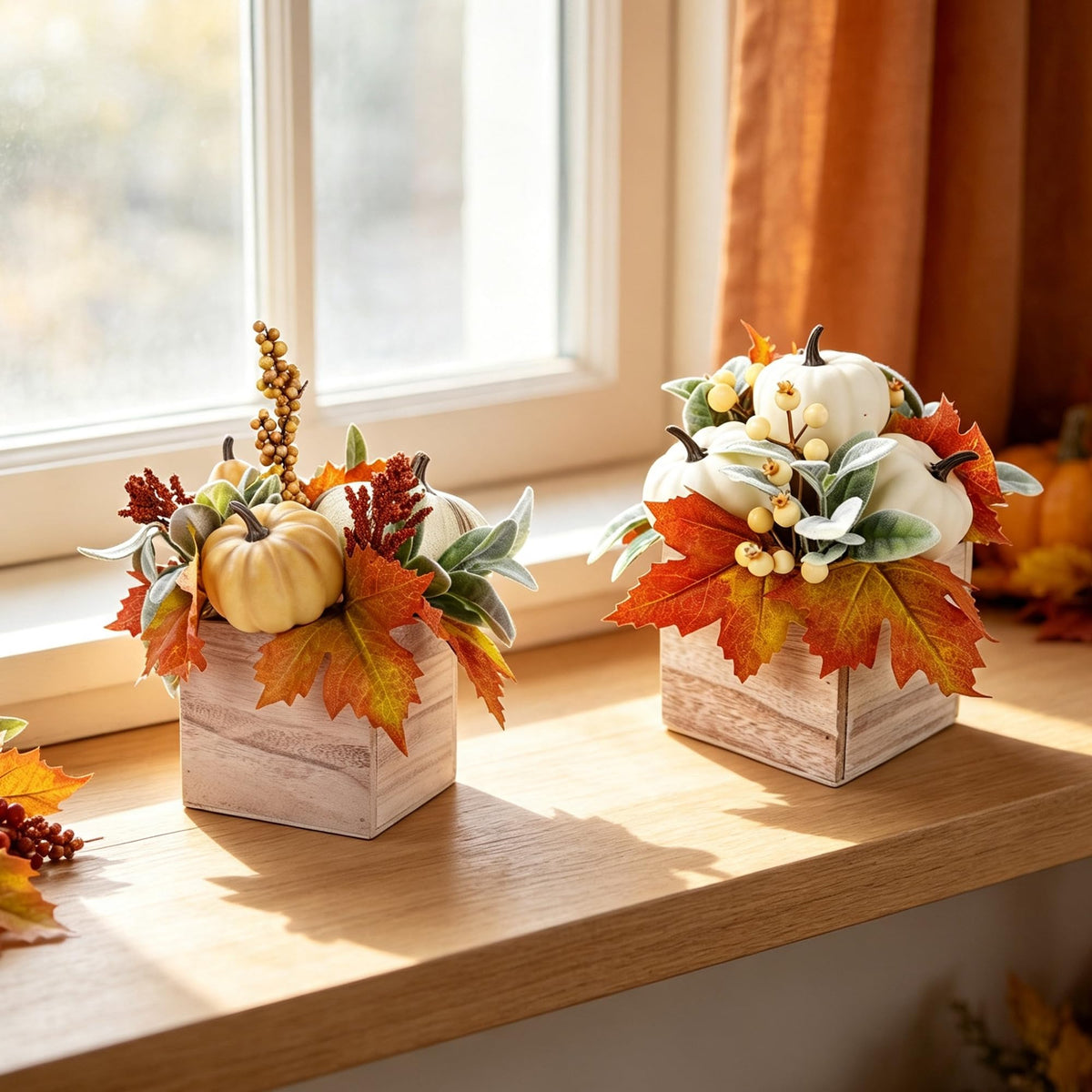 Fall Decorations Artificial Pumpkin Gourd Berries Leaves, 2 Pack