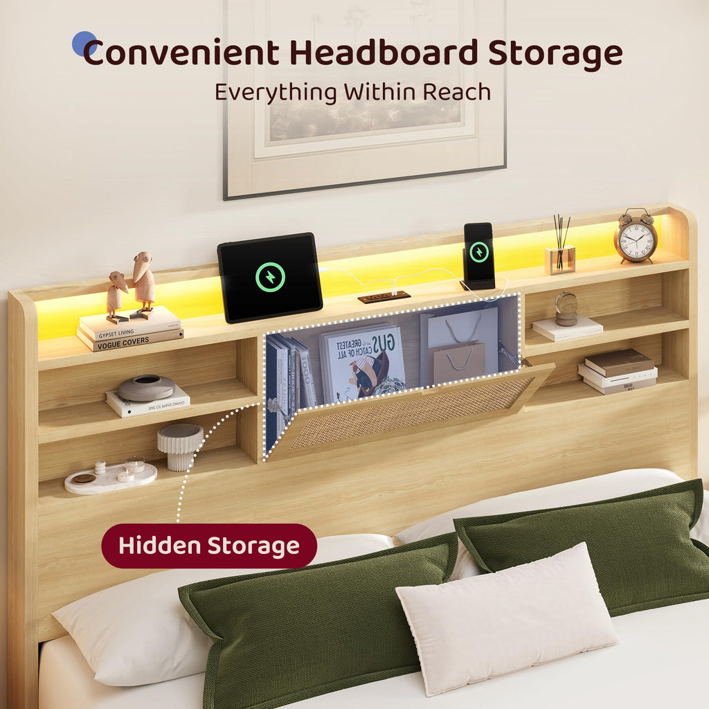 King Size Rattan Bed Frame with 4 Storage Drawers and 51.3" Tall Hidden Storage Headboard Wooden Platform Bed Frame