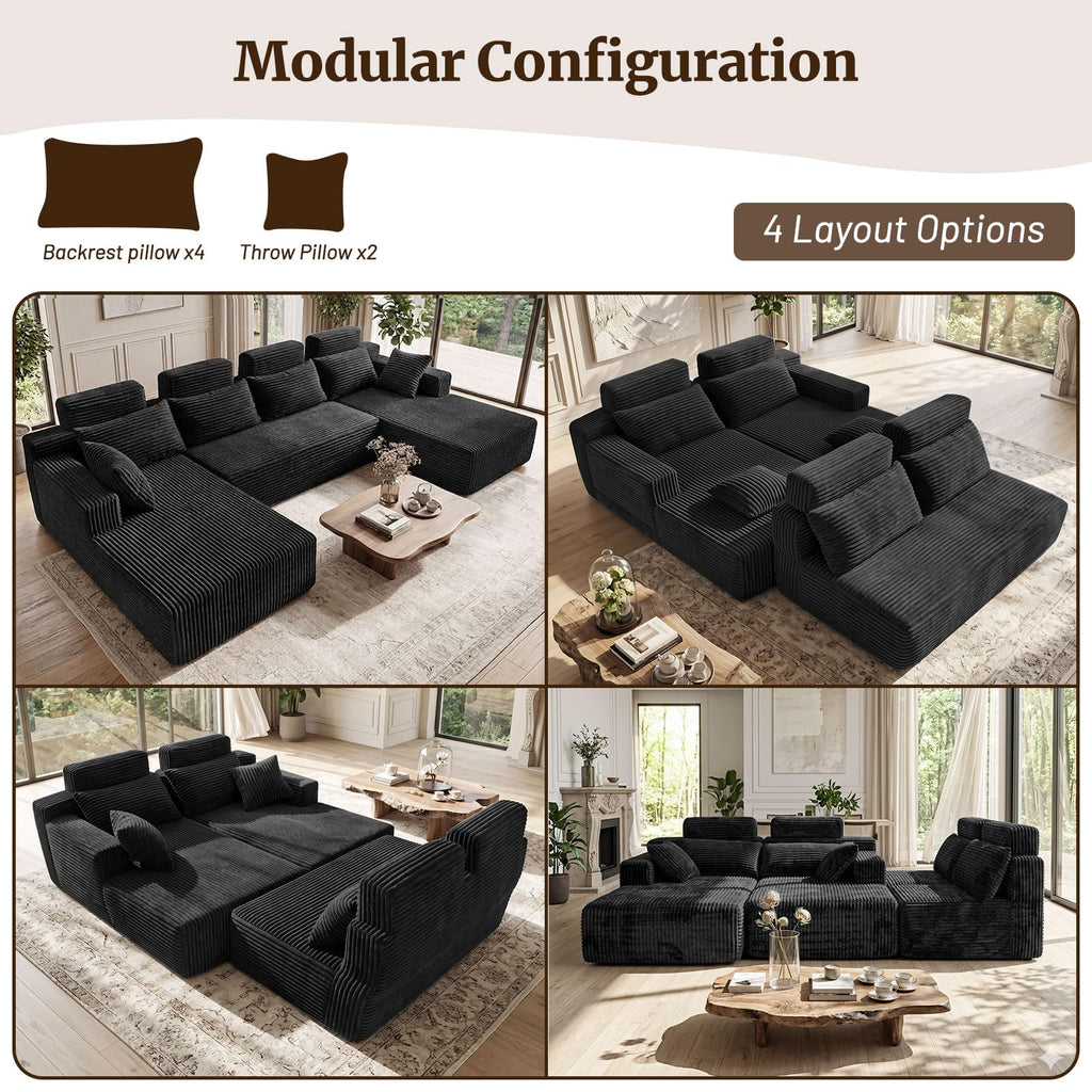 Boneless Couches - 134" Modular Sectional Sofa U Shaped Oversized Deep Seat High Back Corduroy No Assembly Modern