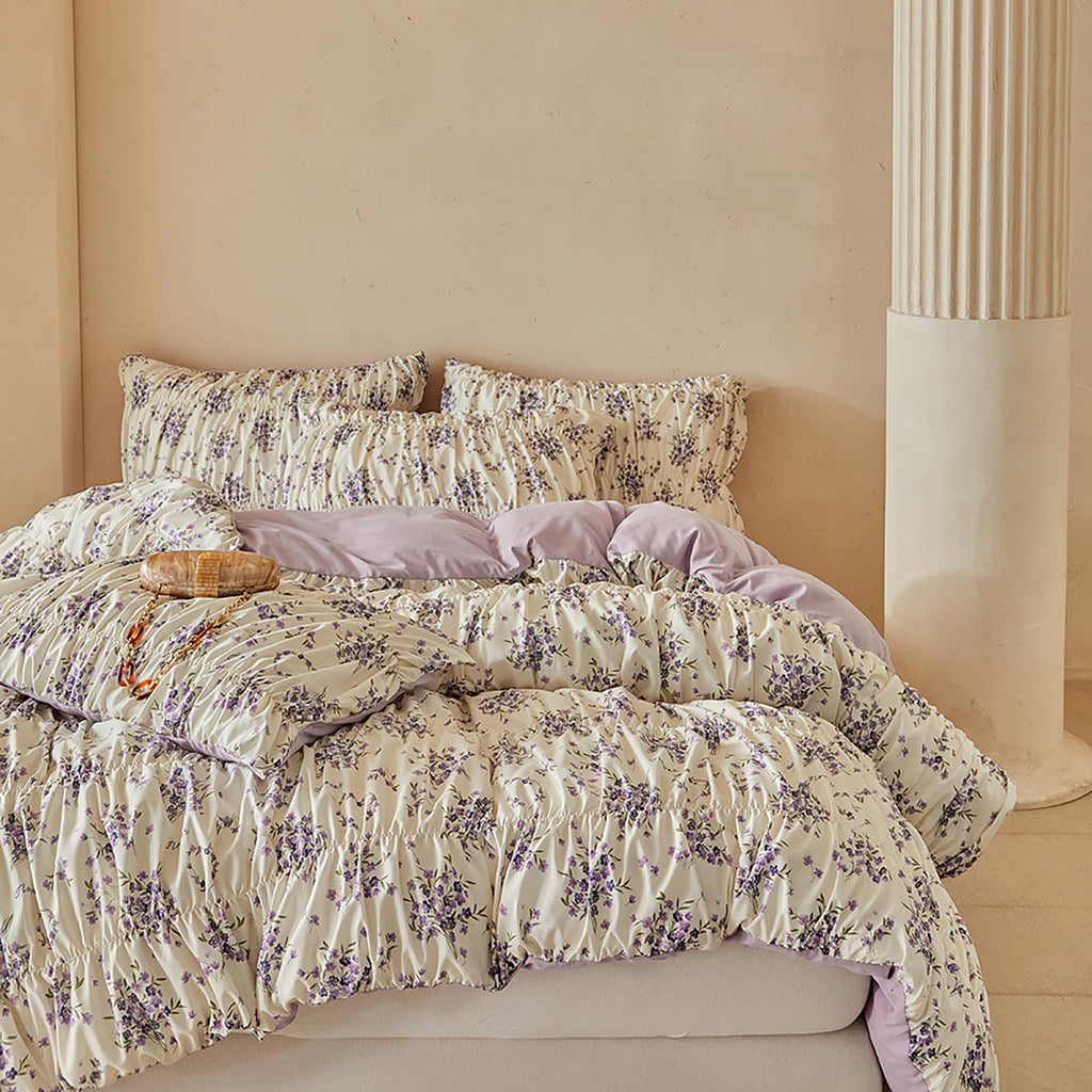 Floral Ruched Duvet Cover, Vintage Boho Textured, Zipper & Ties