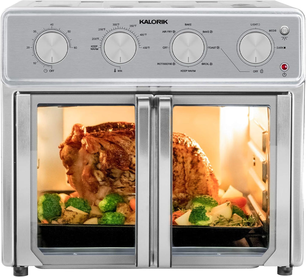 MAXX Air Fryer Oven, 26 Quart 9-in-1 Countertop Toaster Oven and Air Fryer Combo - Fry, Bake, Roast, Rotisserie, & More, Large Glass French Doors & 7 Accessories, 1700-Watts, Stainless Steel