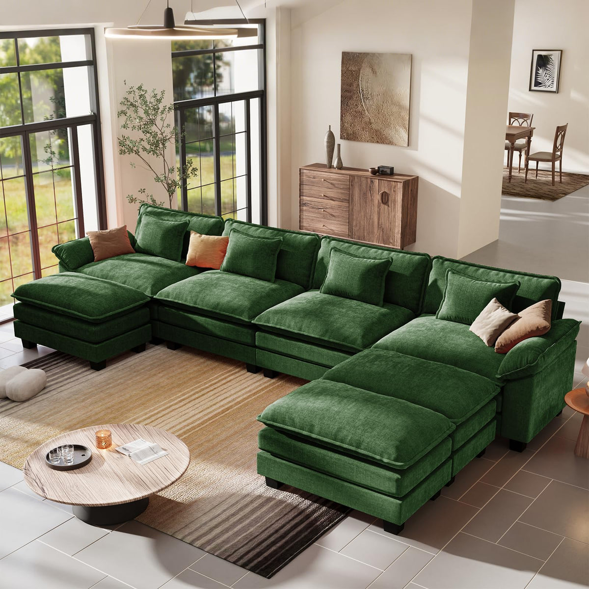 156" U Shaped Modular Sectional Cloud Couch with Ottoman, 7-Seats Chenille Comfy Deep Seat Upholstered Modern Sofa