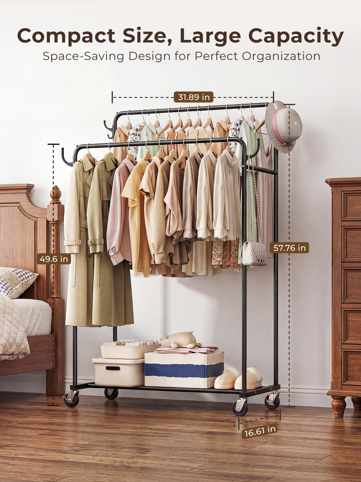 Clothes Rack, Rolling Clothing Rack with Double Rods for Hanging Clothes, Portable Garment Rack with Wheels, Metal