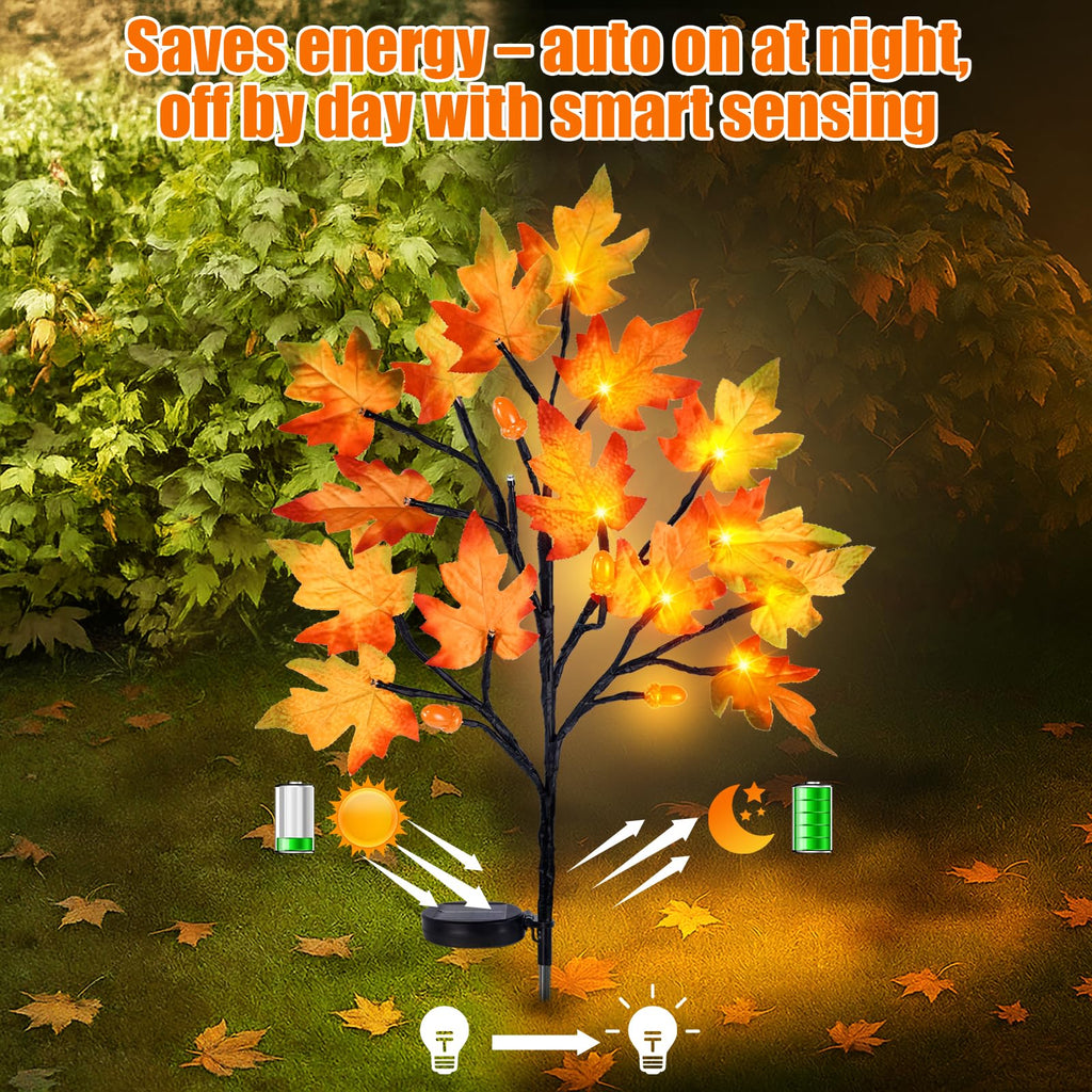 4PCS Solar Fall Lights Outdoor Decorative, 34" Fall Decor with Acorn Maple Leaf, 40LED Each with 8 Modes & Timer
