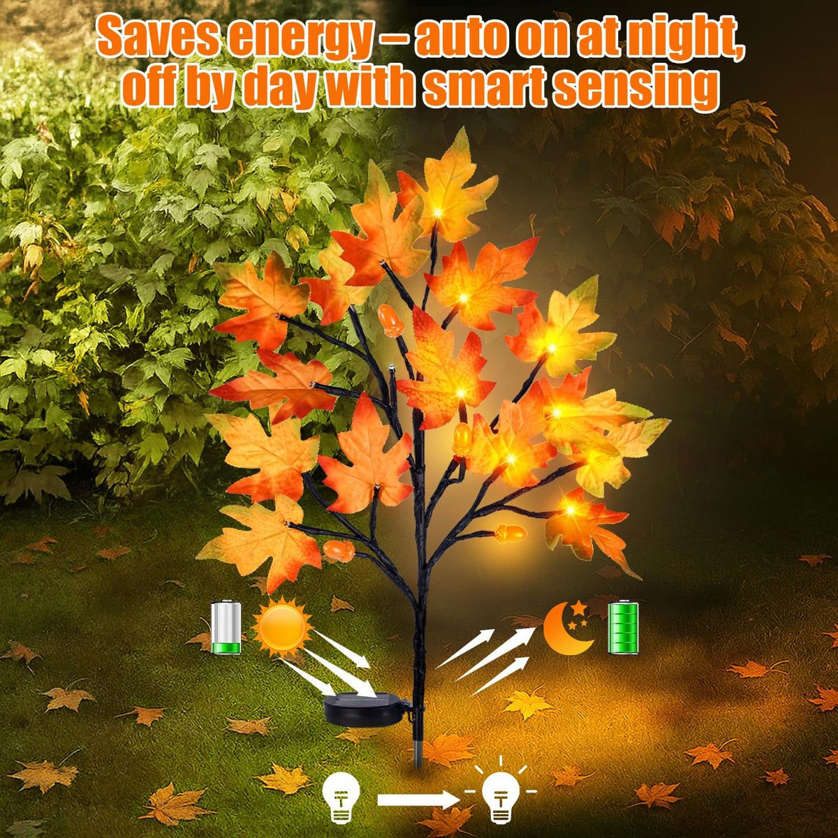 4PCS Solar Fall Lights Outdoor Decorative, 34" Fall Decor with Acorn Maple Leaf, 40LED Each with 8 Modes & Timer