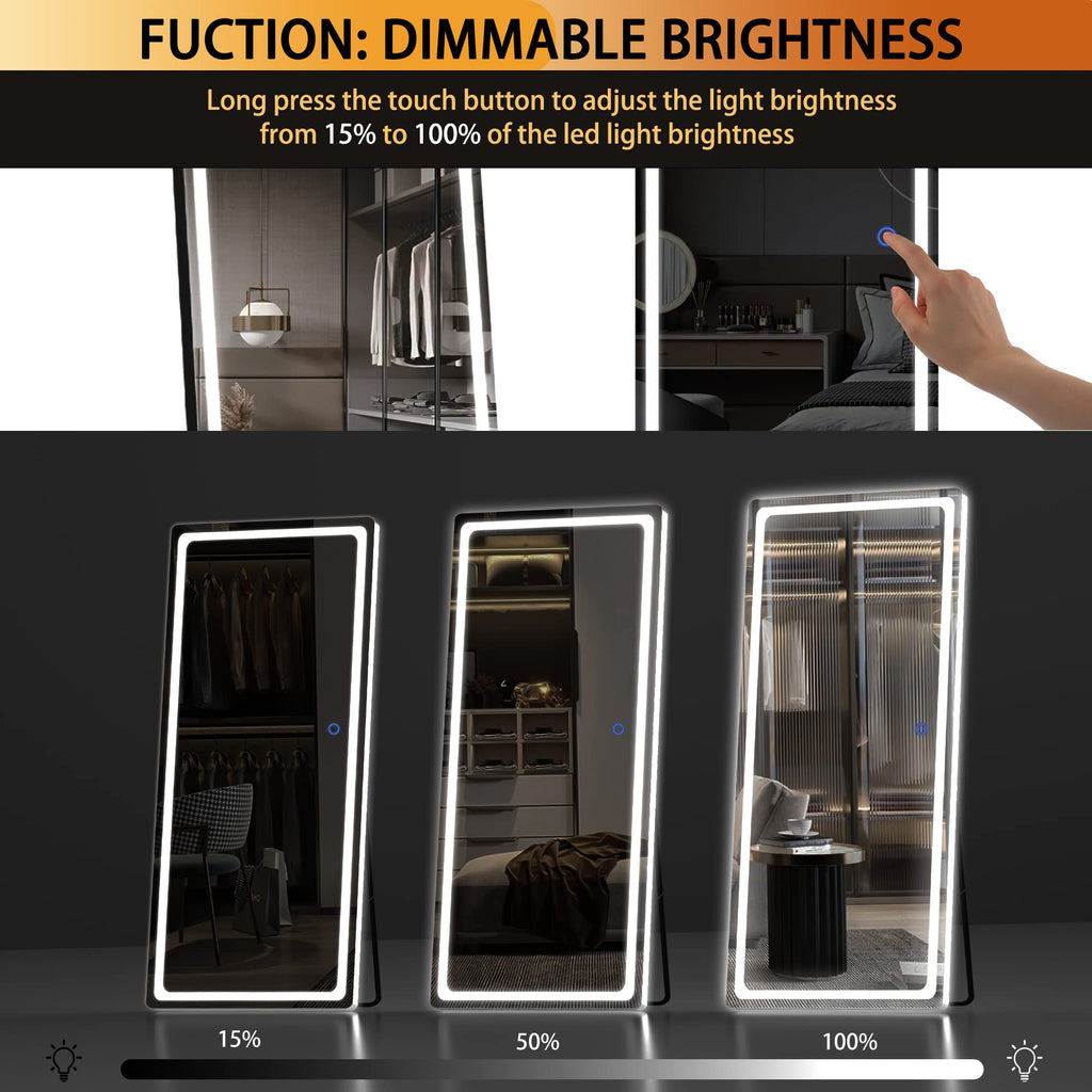 Full Length Mirror with Lights, 65" x 22" LED Floor, Full Body Dressing Standing, Hanging Mounted Mirror, Round White