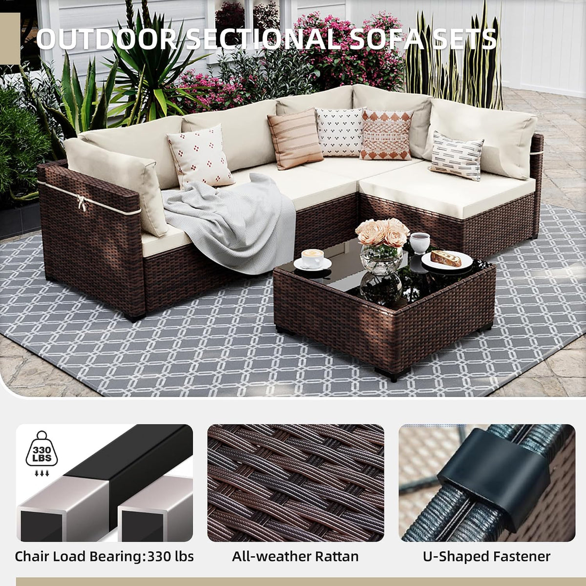 7-Piece Wicker Patio Furniture Set with Coffee Table, White | Outdoor sectional sofa set, patio conversation set for