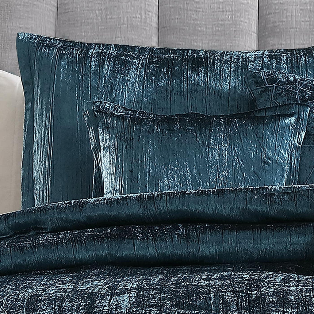 Turin Crinkle Velvet Comforter Bedding Set, Queen Size, Glam Textured Décor, Blue, 7 Pieces