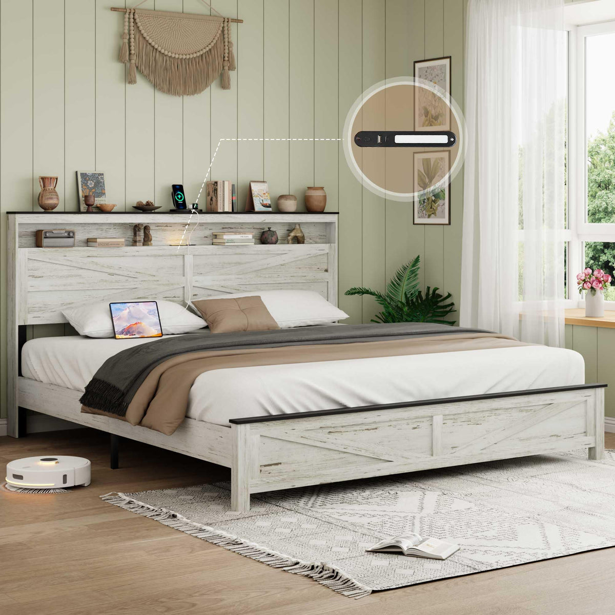 Farmhouse Wooden Bed Frame with Storage Headboard, Rustic Wooden Bedframe with LED Lights and Charging