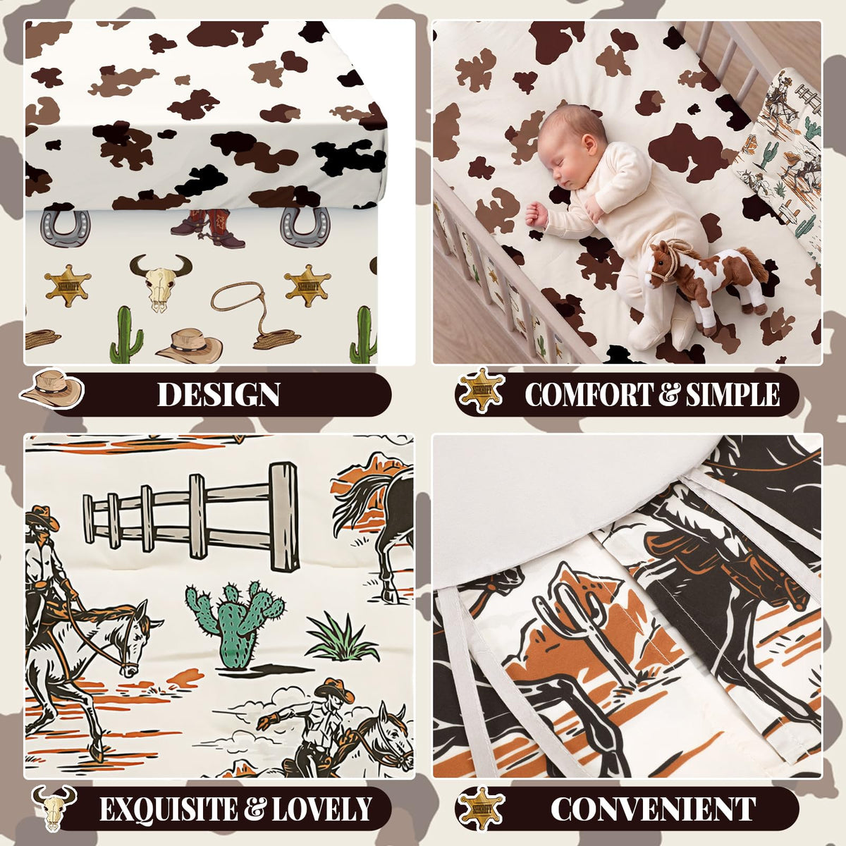 4 Piece Western Cowboy Crib Bedding Set, Soft Neutral Nursery