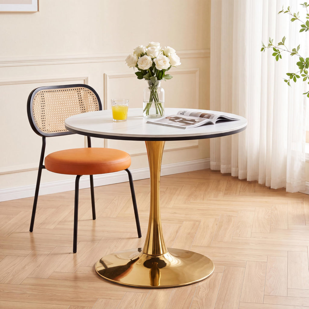 Inspired Saarinen Style 31.5" Sintered Stone Round Tulip Table with Gold Metal Pedestal