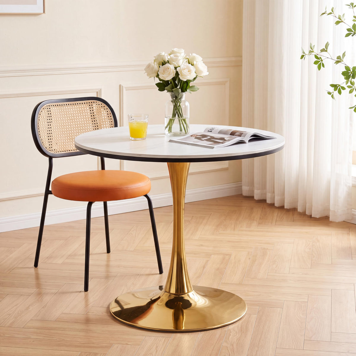 Inspired Saarinen Style 31.5" Sintered Stone Round Tulip Table with Gold Metal Pedestal