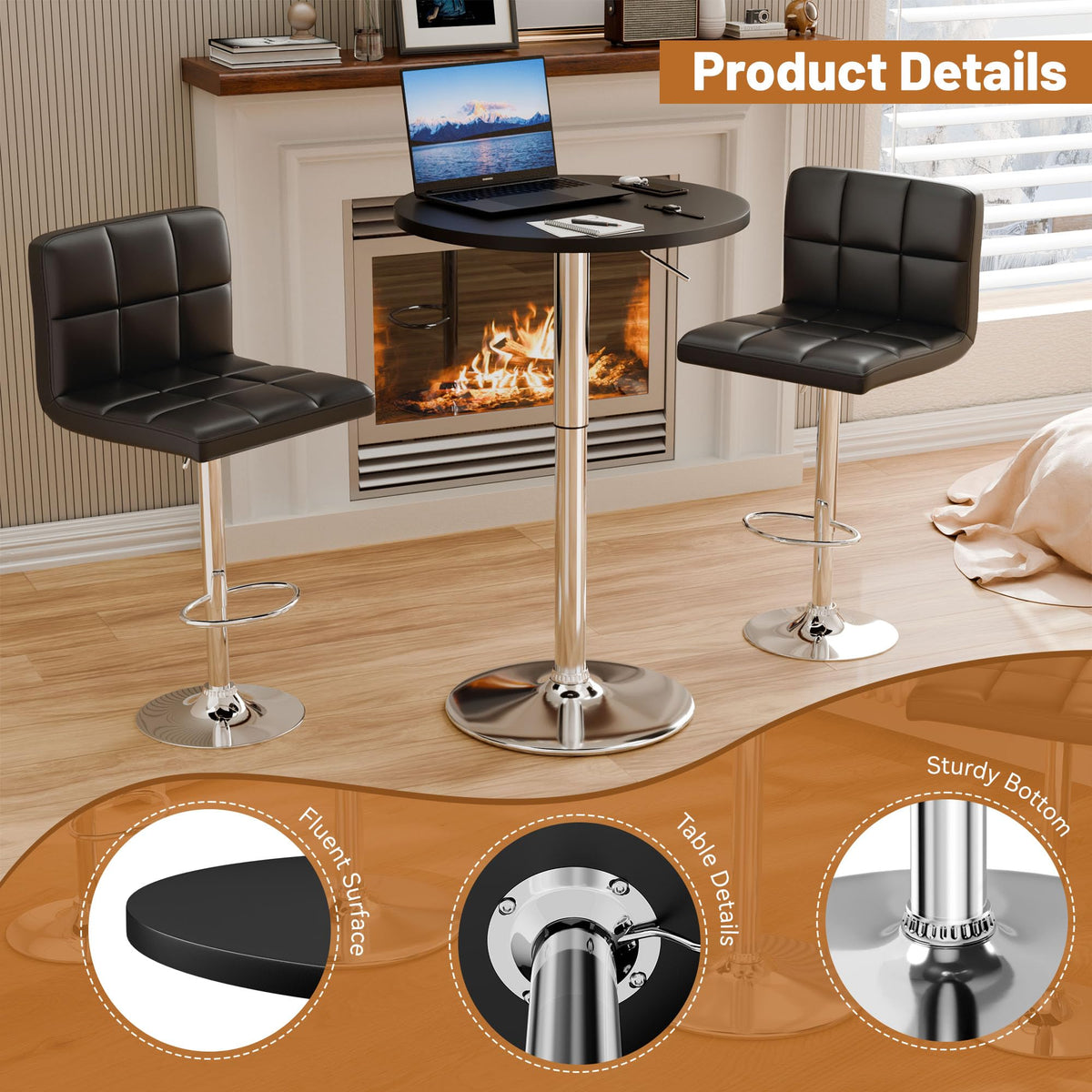 Round Bistro Pub Table 23.6 Inch Height Adjustable 360° Swivel Bar Table Metal Base for Pub, Dining Room, Party (2