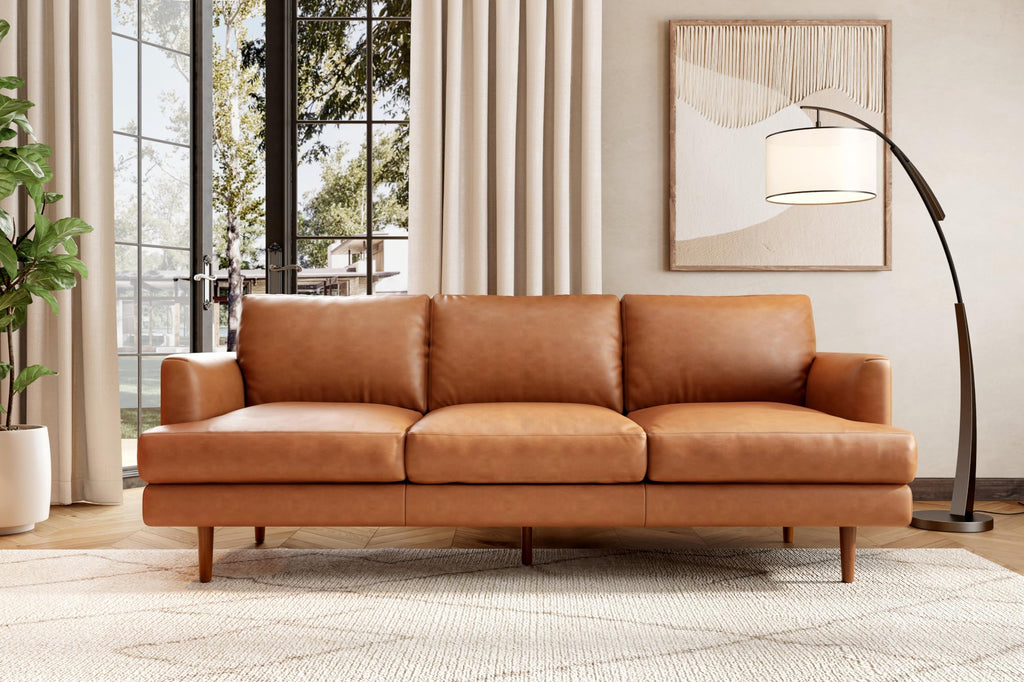 Grosseto 87" Cognac Tan Brown 3 Seater Full Leather Sofa | Mid Century Italian Nappa Leather Couch Furniture | Double