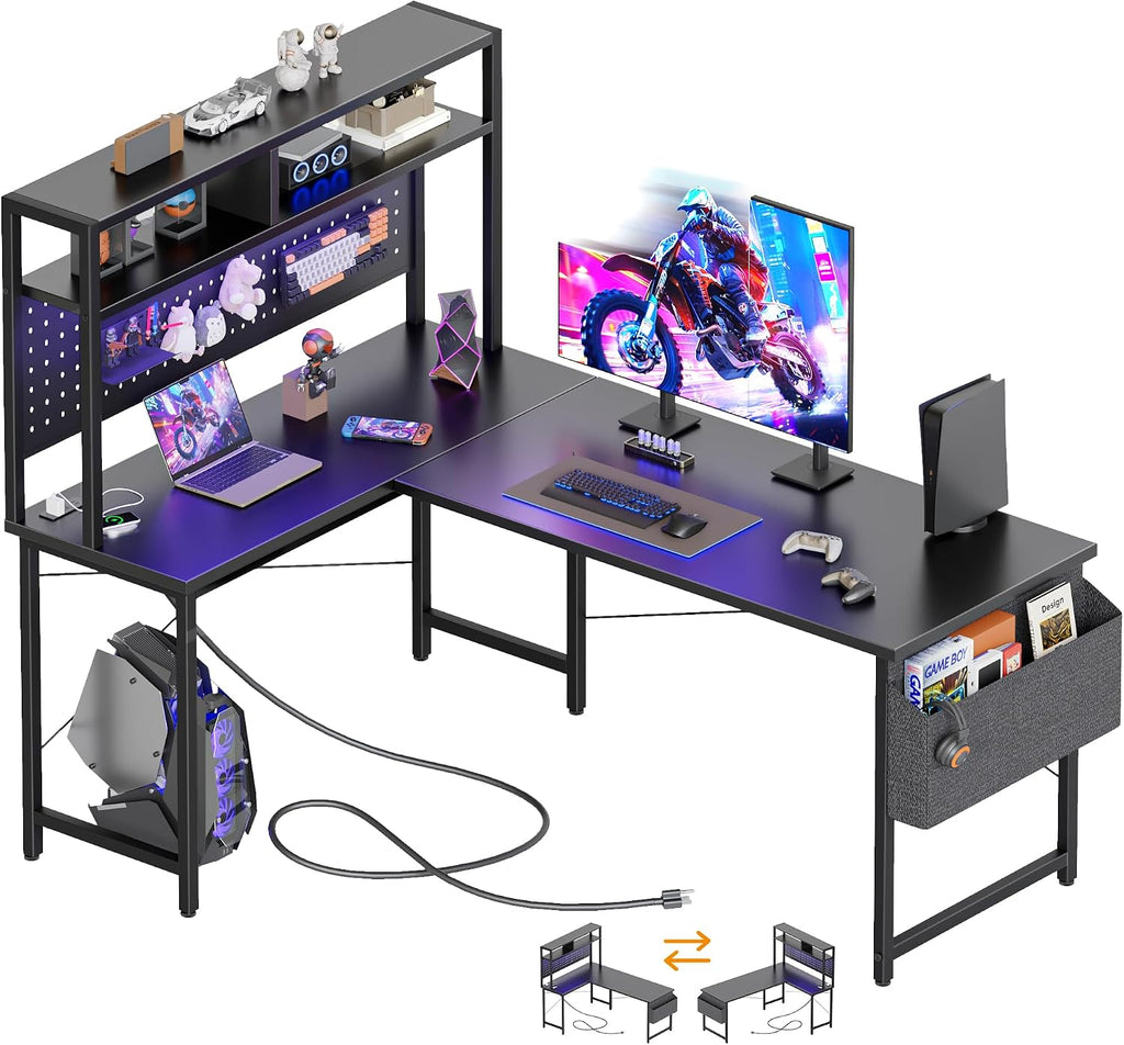 51 in L Shaped Desk with Pegboard, Reversible Corner Gaming Desk | Large Computer Desk with Hutch, Power Outlets, LED