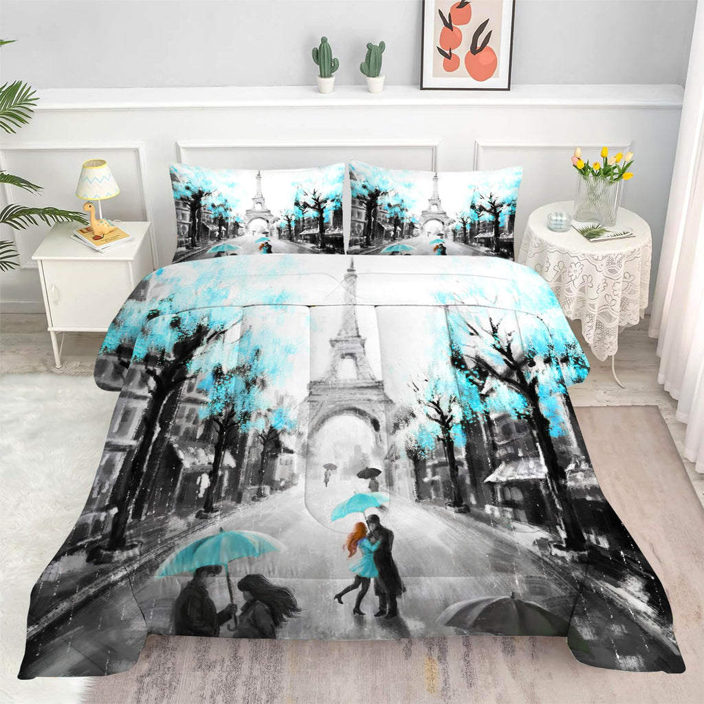 Paris Comforter Set Queen: Teal Paris Bedroom Decor Grey Eiffel Tower Bedding Sets French Style Romantic Quilt Bed