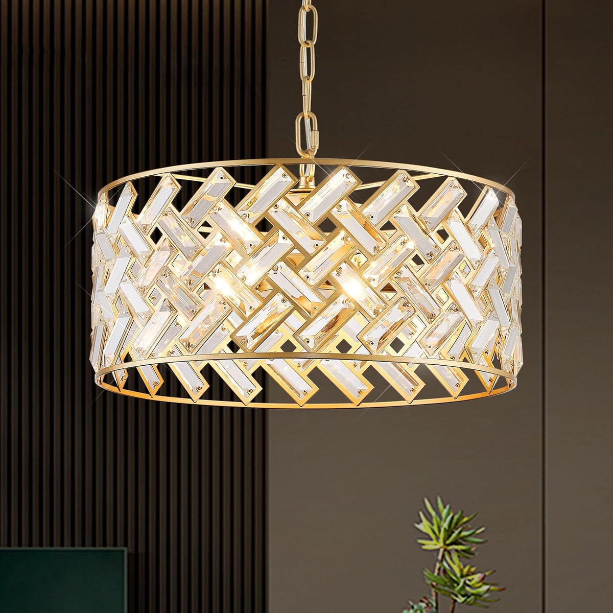18 Inch Gold Modern Drum Crystal Chandelier, Ceiling Mounted