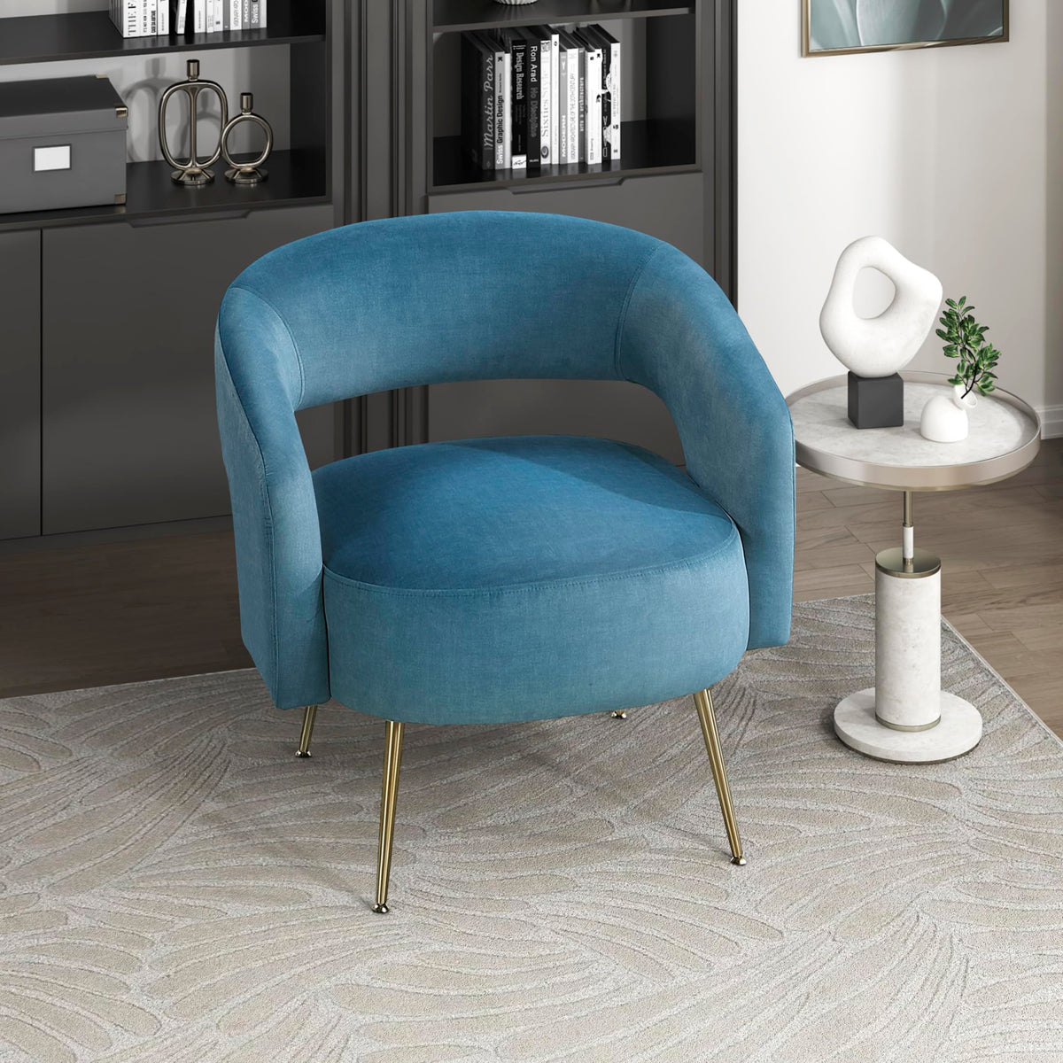 Mid-Century Modern Velvet Accent Chair with Open Back, Dark Teal