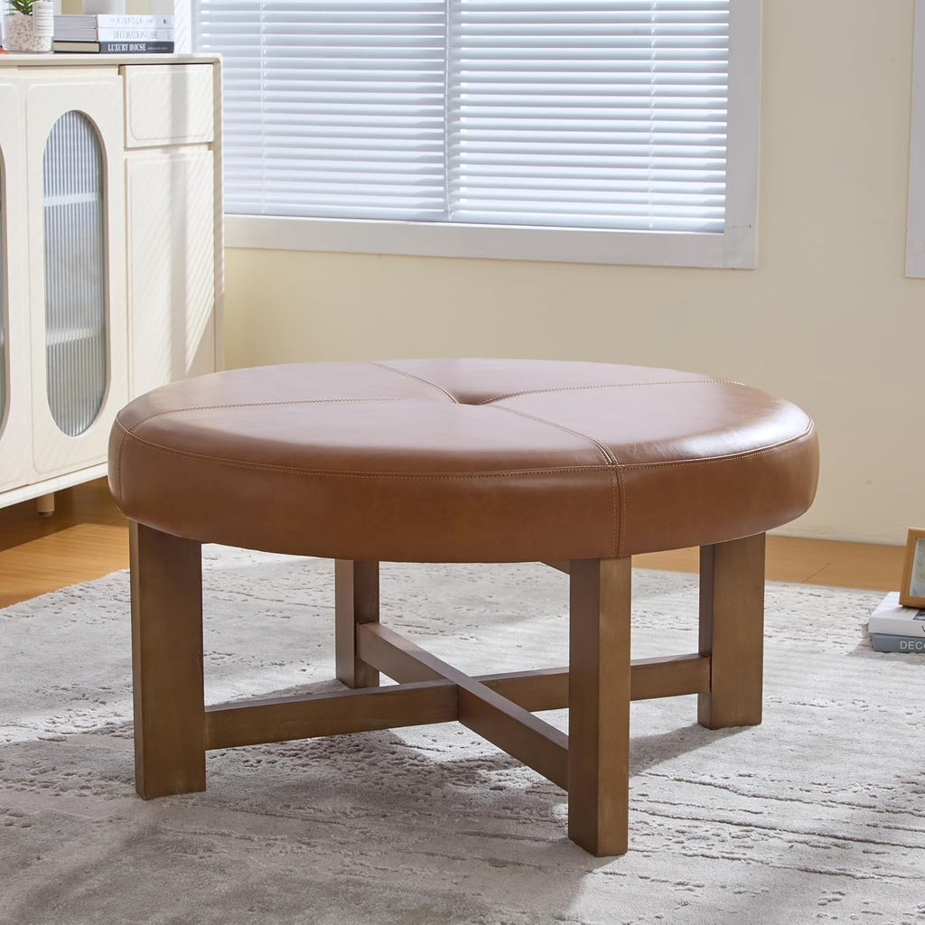 35" Round Leather Ottoman Coffee Table with Wood Cross Base, Light Brown