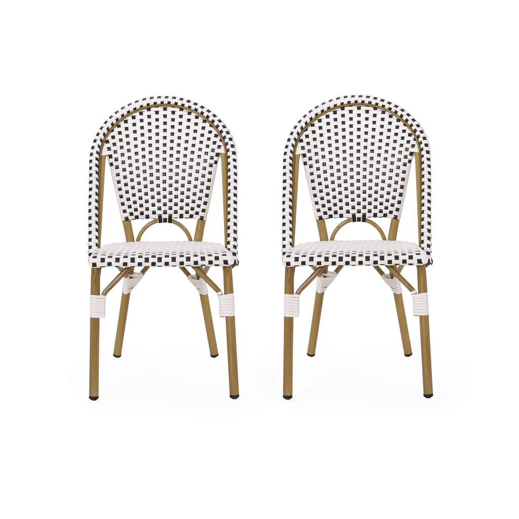 Philomena Outdoor French Bistro Chair (Set of 2), Black + White + Bamboo Print Finish