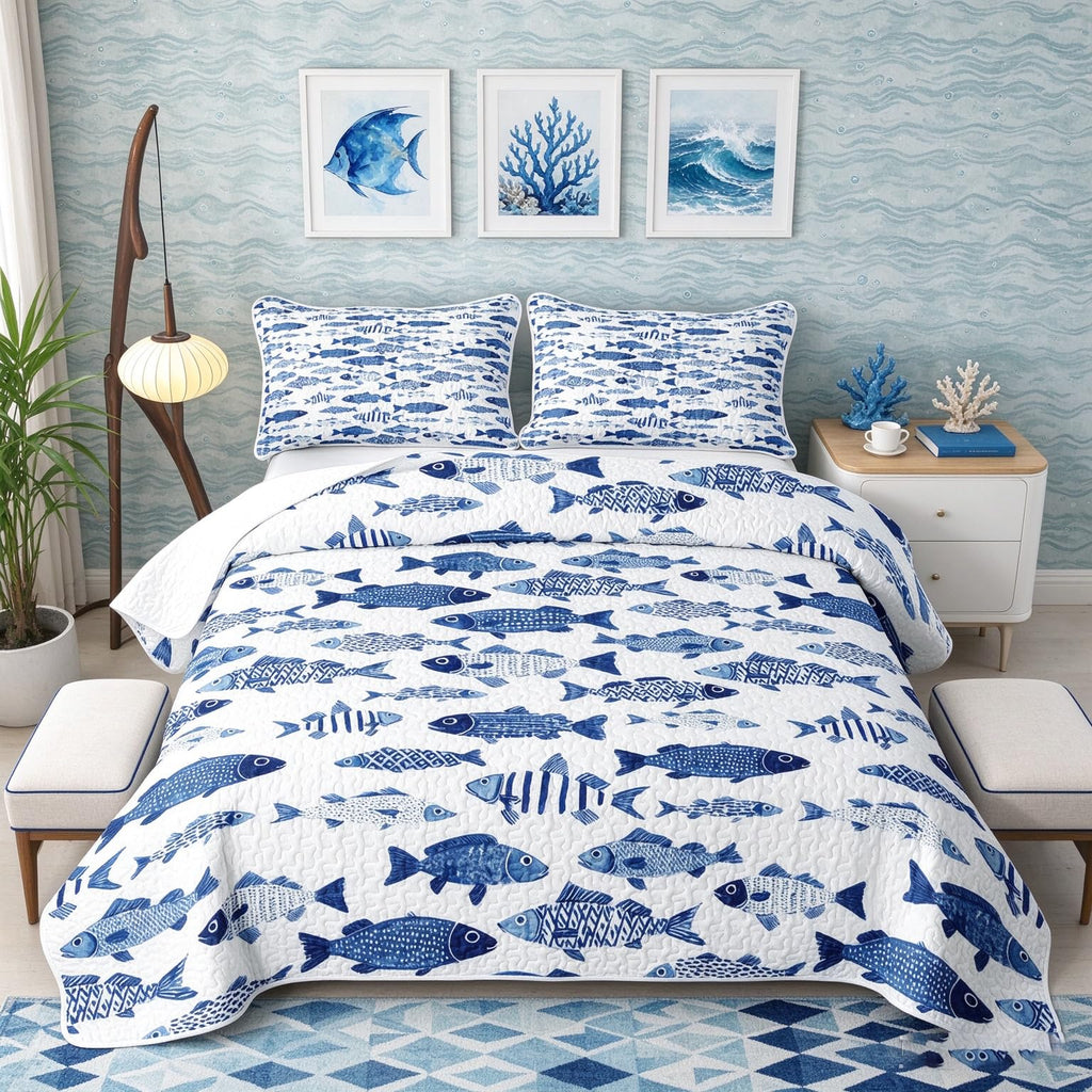 Fish Coastal Quilt Set Marine Quilted Bedding 3 Pieces