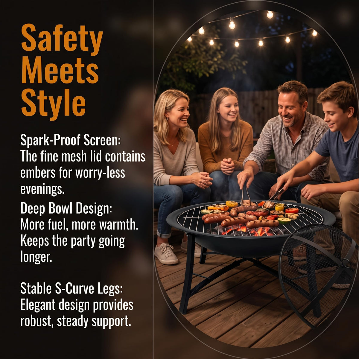 22" Wood Burning 2-in-1 BBQ Fire Pit with Spark Screen, Black