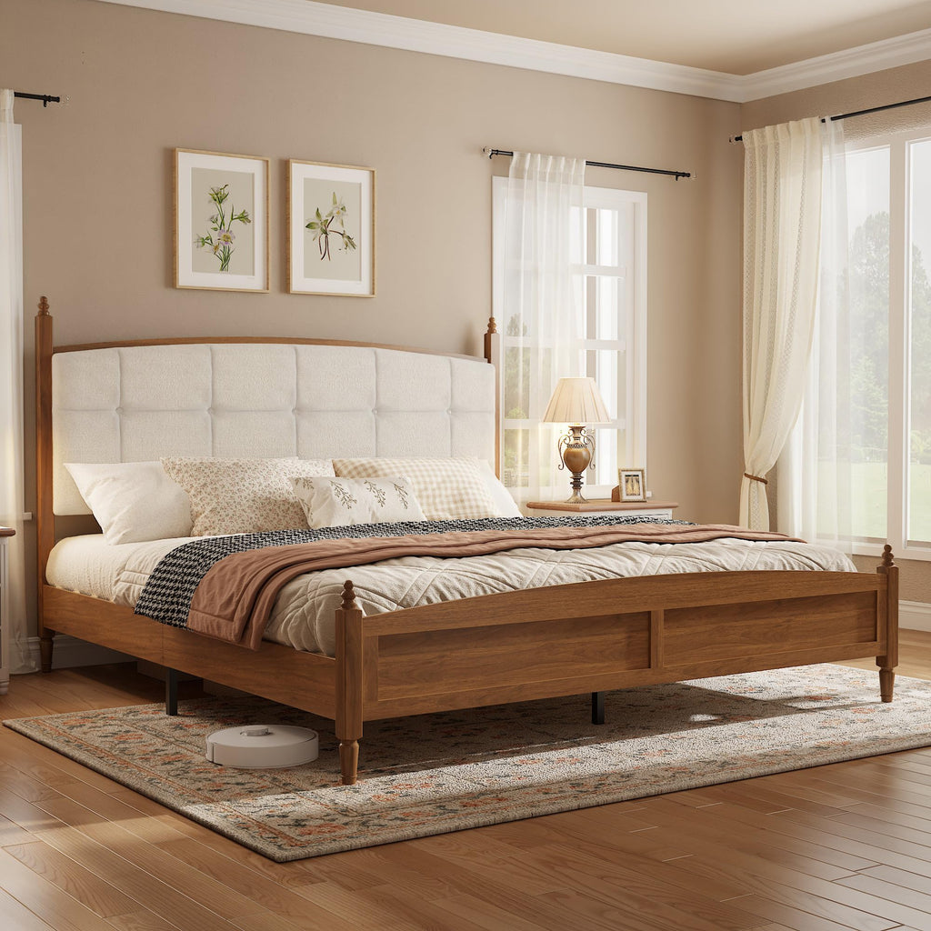 Farmhouse Platform Bed Frame with Curved Upholstered Headboard, Walnut