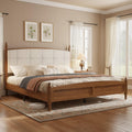 Farmhouse Platform Bed Frame with Curved Upholstered Headboard, Walnut