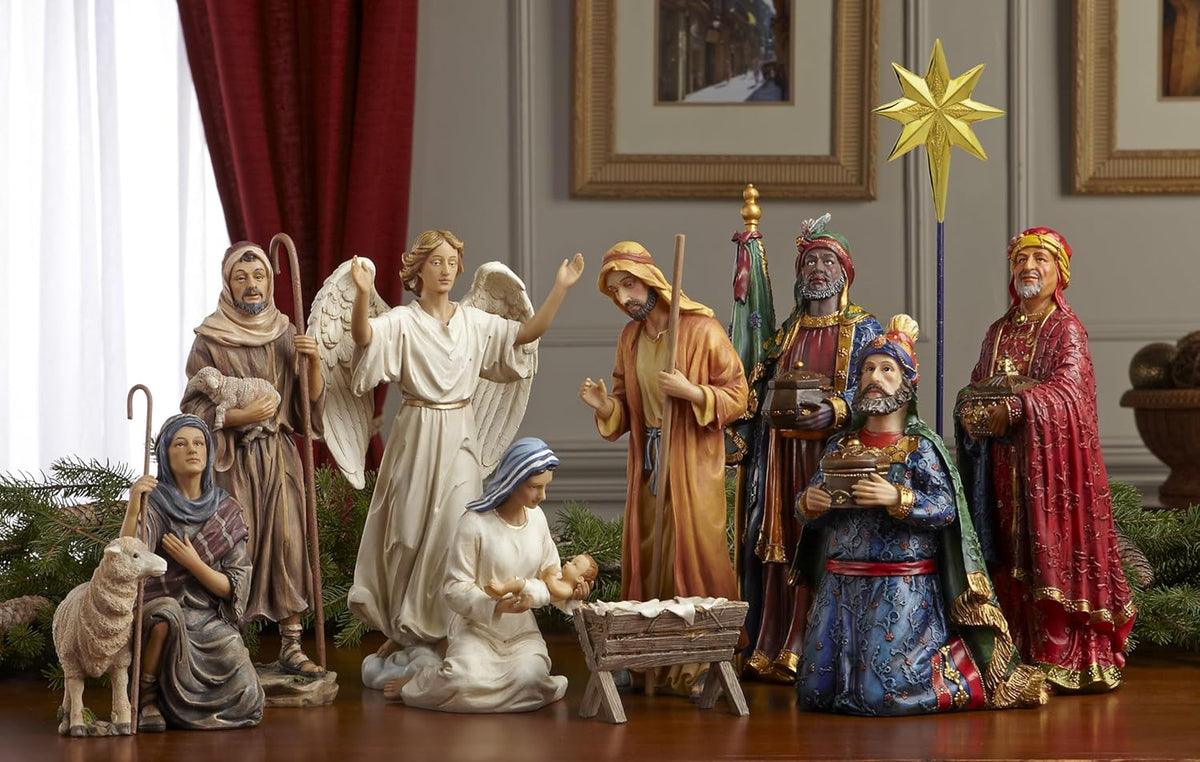 Kings Gifts 11-Piece Real Gold Christmas Nativity Scene Set, 10-Inch Scale Polystone Holy Family, Magi Wise Men