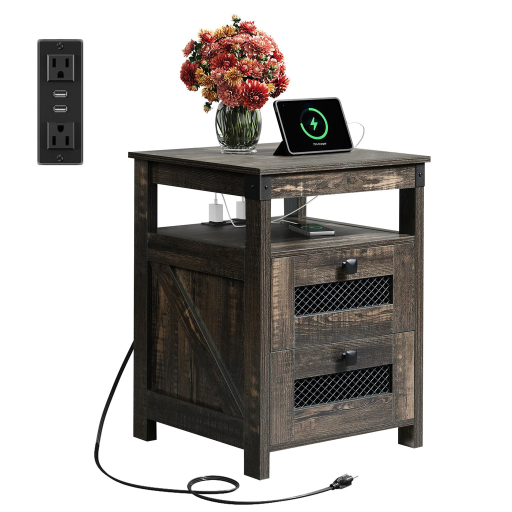 Night Stand with Charger Station, End Tables Bedroom, Bed Side Table with 2 Wooden Storage Drawers, Farmhouse