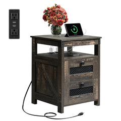 Night Stand with Charger Station, End Tables Bedroom, Bed Side Table with 2 Wooden Storage Drawers, Farmhouse