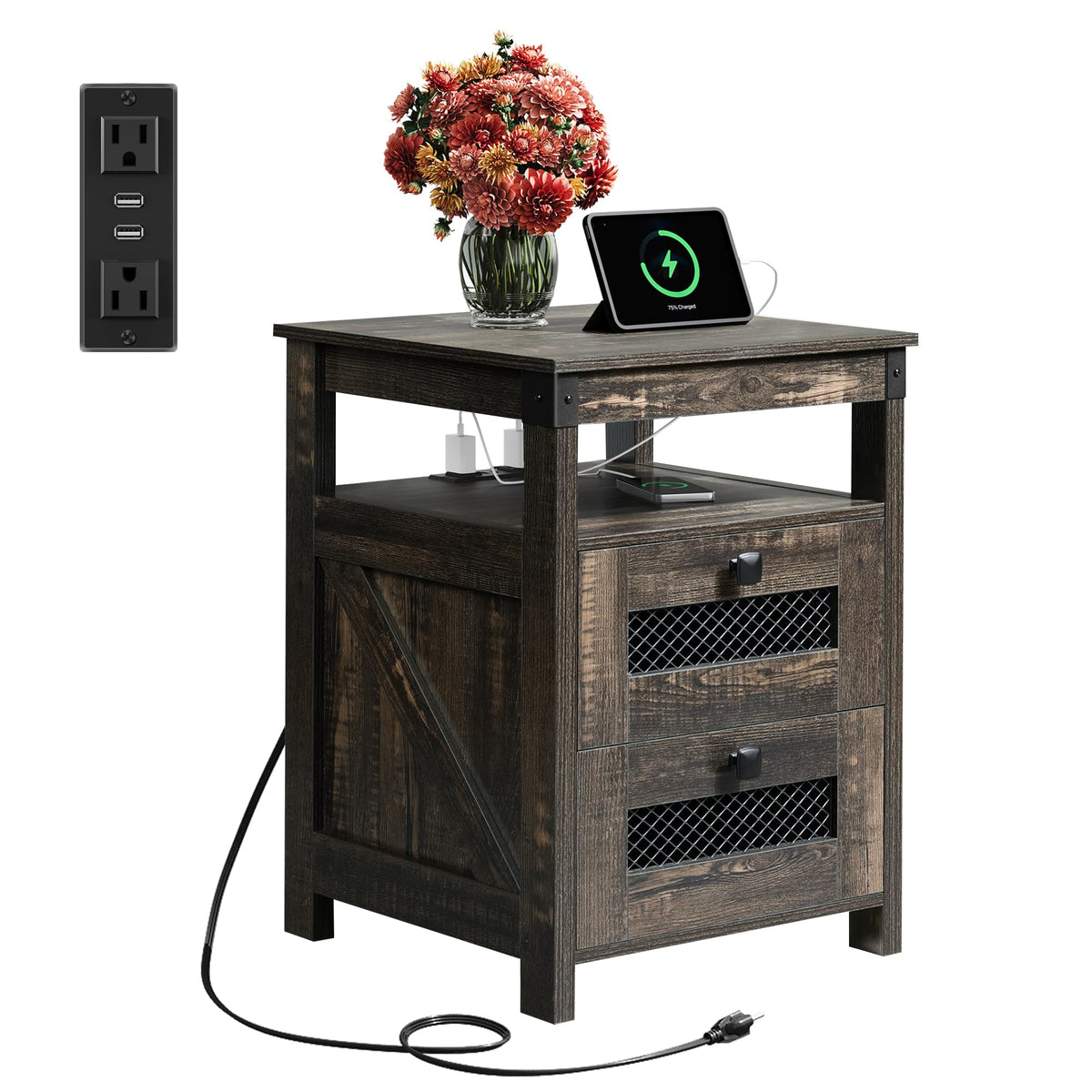 Night Stand with Charger Station, End Tables Bedroom, Bed Side Table with 2 Wooden Storage Drawers, Farmhouse