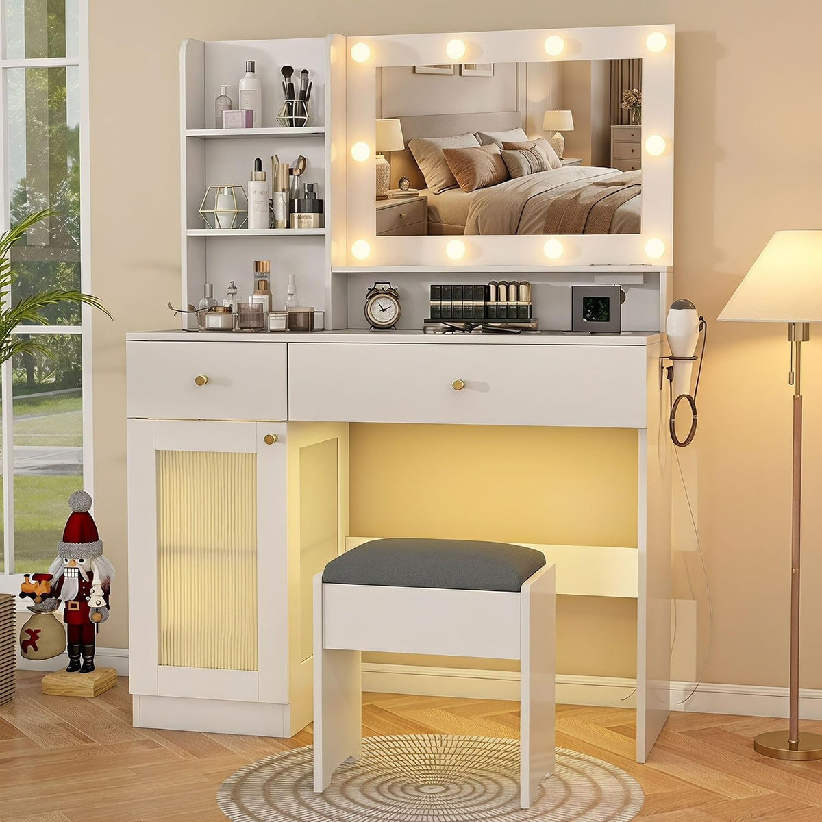 Vanity Desk with Mirror and Lights: 40" White Makeup Vanity with Glass Top, Wood Dressing Table with Drawers and