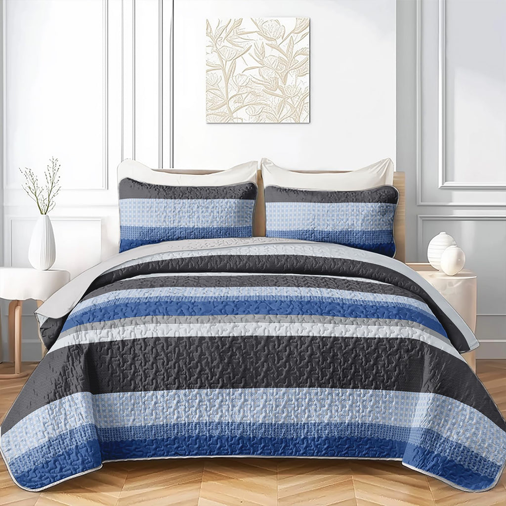 Grey and Blue Stripe Quilt Set, Grey Blue Boho Geometric Bedspread, 3 Pieces Patchwork Stripes Bed Cover