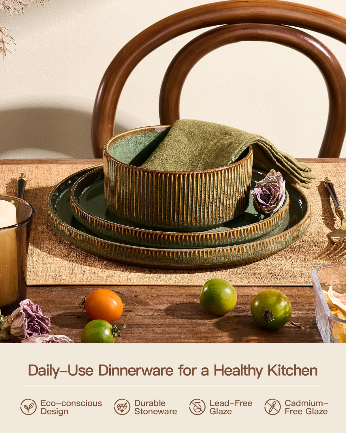 Dinnerware Set for 4, Reactive Glaze Plates and Bowls Sets