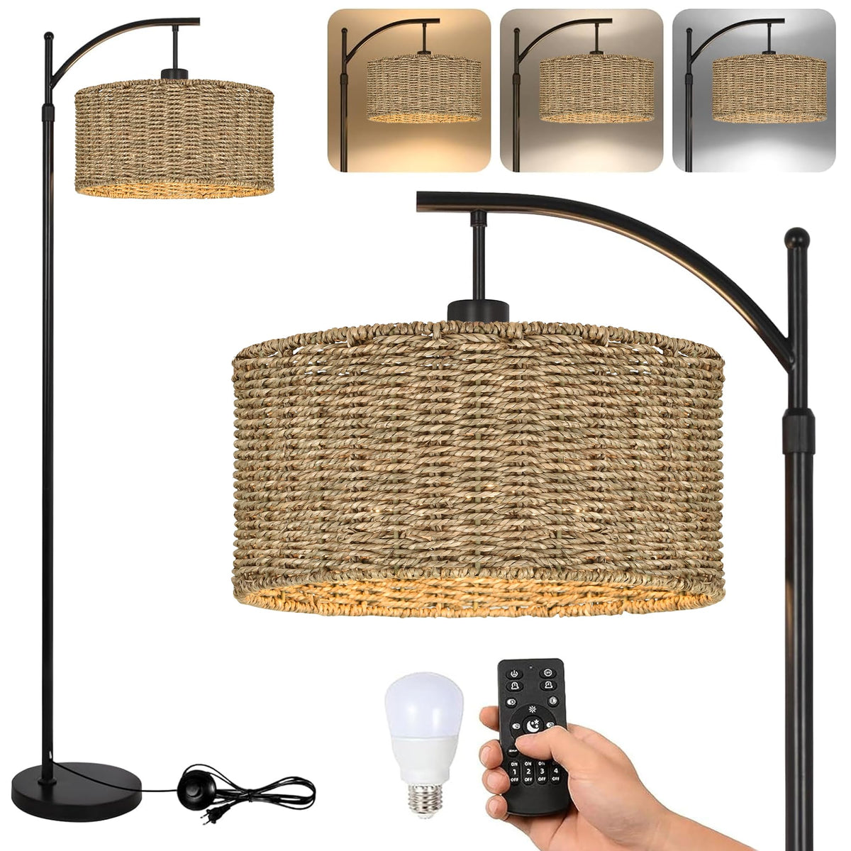 Arc Rattan Floor Lamp with Remote, Black Floor Lamps with 3 Color Temperature Dimmable Bulb, Farmhouse Boho Standing