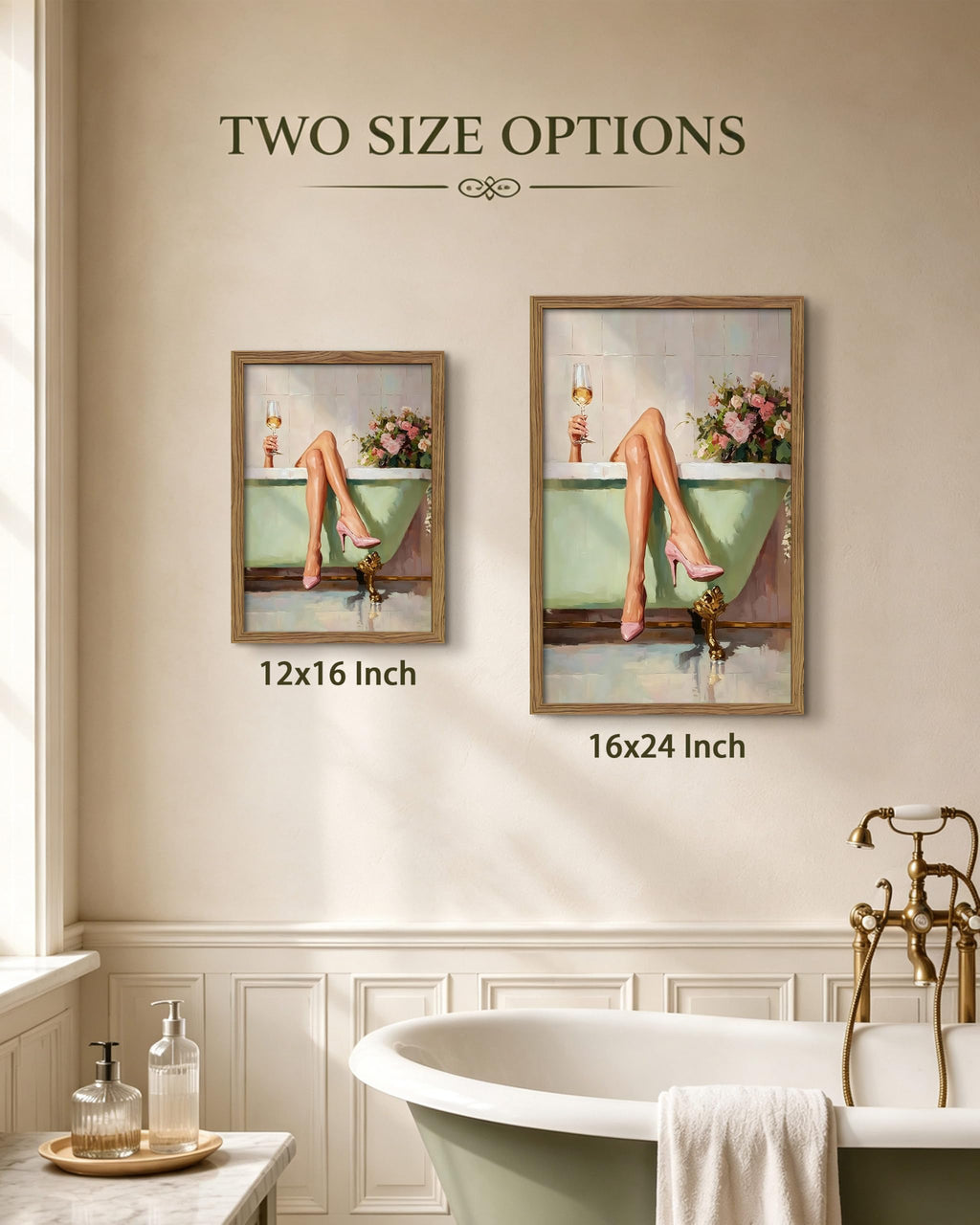 Framed Girl Bathroom Wall Art, Fashion Woman Relaxing in Bathtub Wall Decor Painting Picture, Pink High Heel Wine