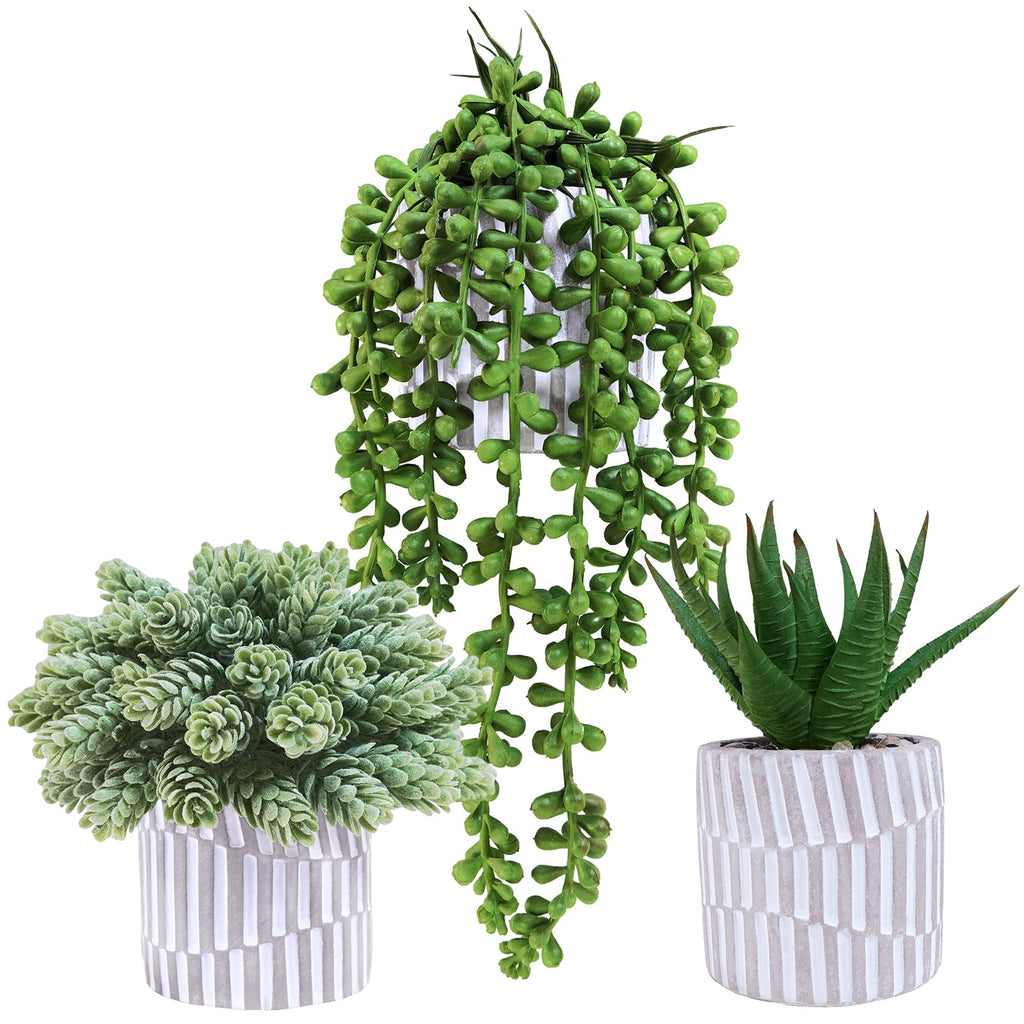 3 Pack Small Faux Succulent Plants Fake String of Pearls Aloe Hops Succulents in Gray Geometric Concrete Pots