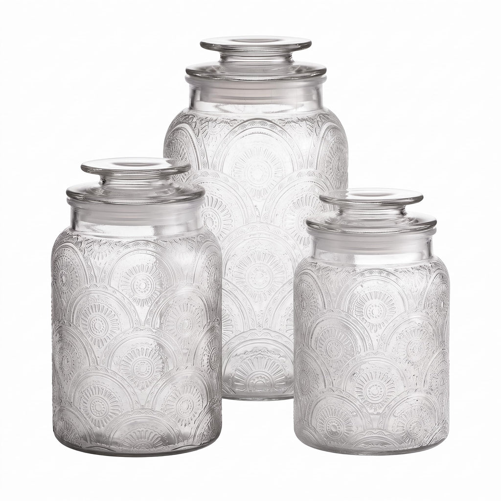 Clear Glass Kitchen Canister Set, Retro Design 3PC, 34-54oz