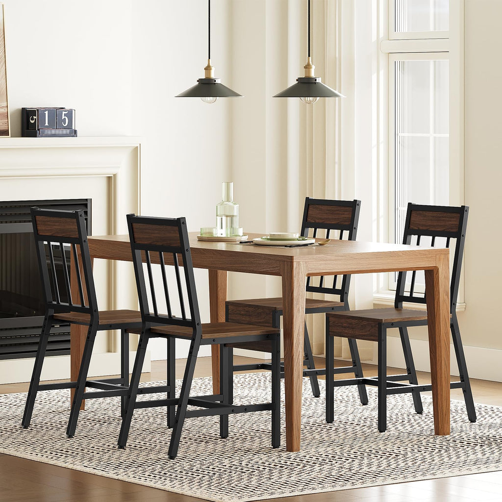 Dining Chairs Set of 4, Kitchen Chairs with Metal Frame, Slanted Back, Industrial Dining Chair Set, Dark Walnut and
