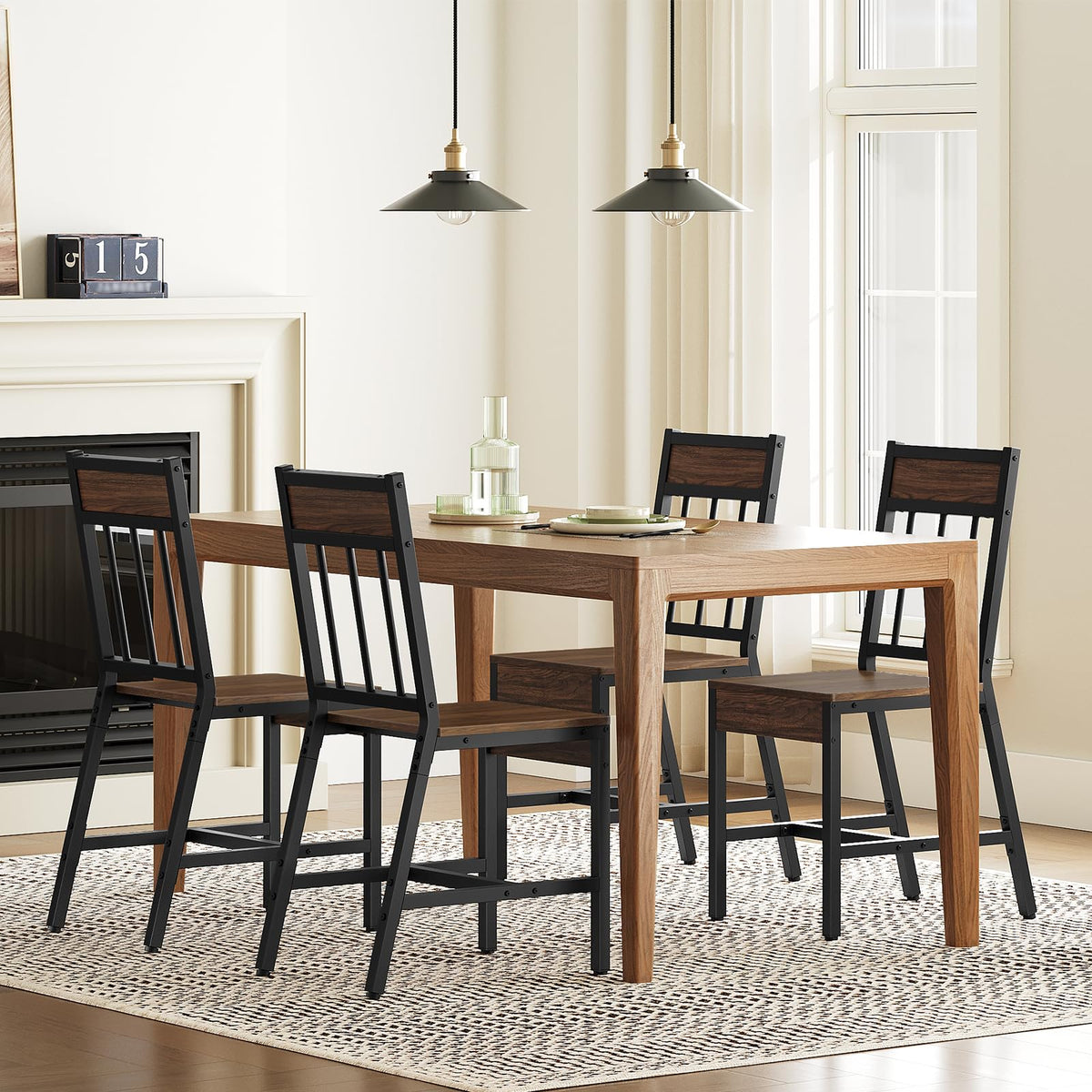 Dining Chairs Set of 4, Kitchen Chairs with Metal Frame, Slanted Back, Industrial Dining Chair Set, Dark Walnut and